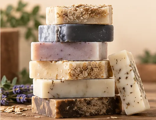 Seven goat milk soap bars stacked